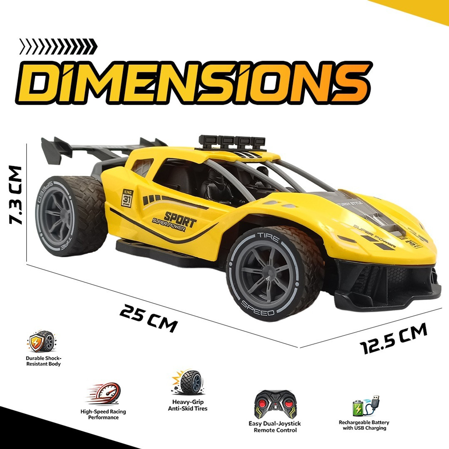 Image of Plast Boy LLP Ultimate RC Car High Speed Remote Control Racing Toy with Rechargeable Battery (Yellow)