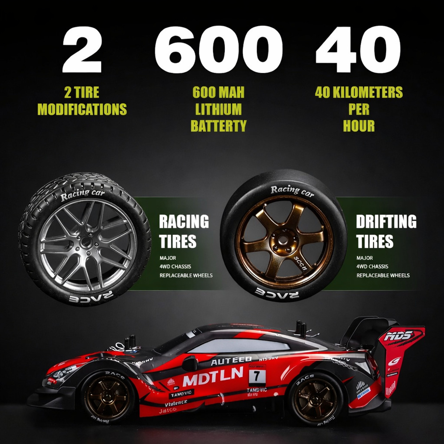 Image of DWH RC Drift Car for adults | 30km /h High Speed 4WD Drifting car with Extra Tyres (GTR)