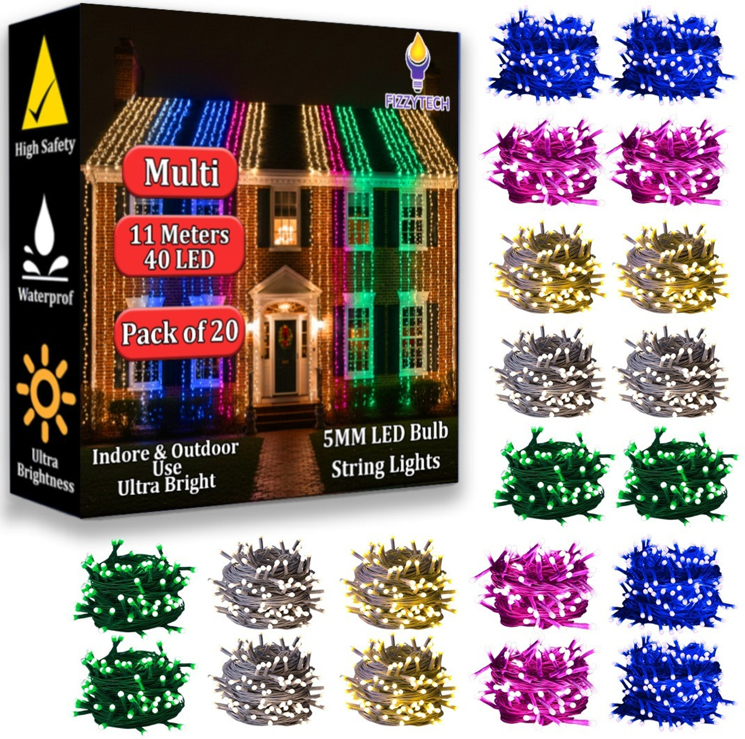 Image of FIZZYTECH 40 LEDs 11 m Multicolor Steady String Rice Lights (Pack of 20)