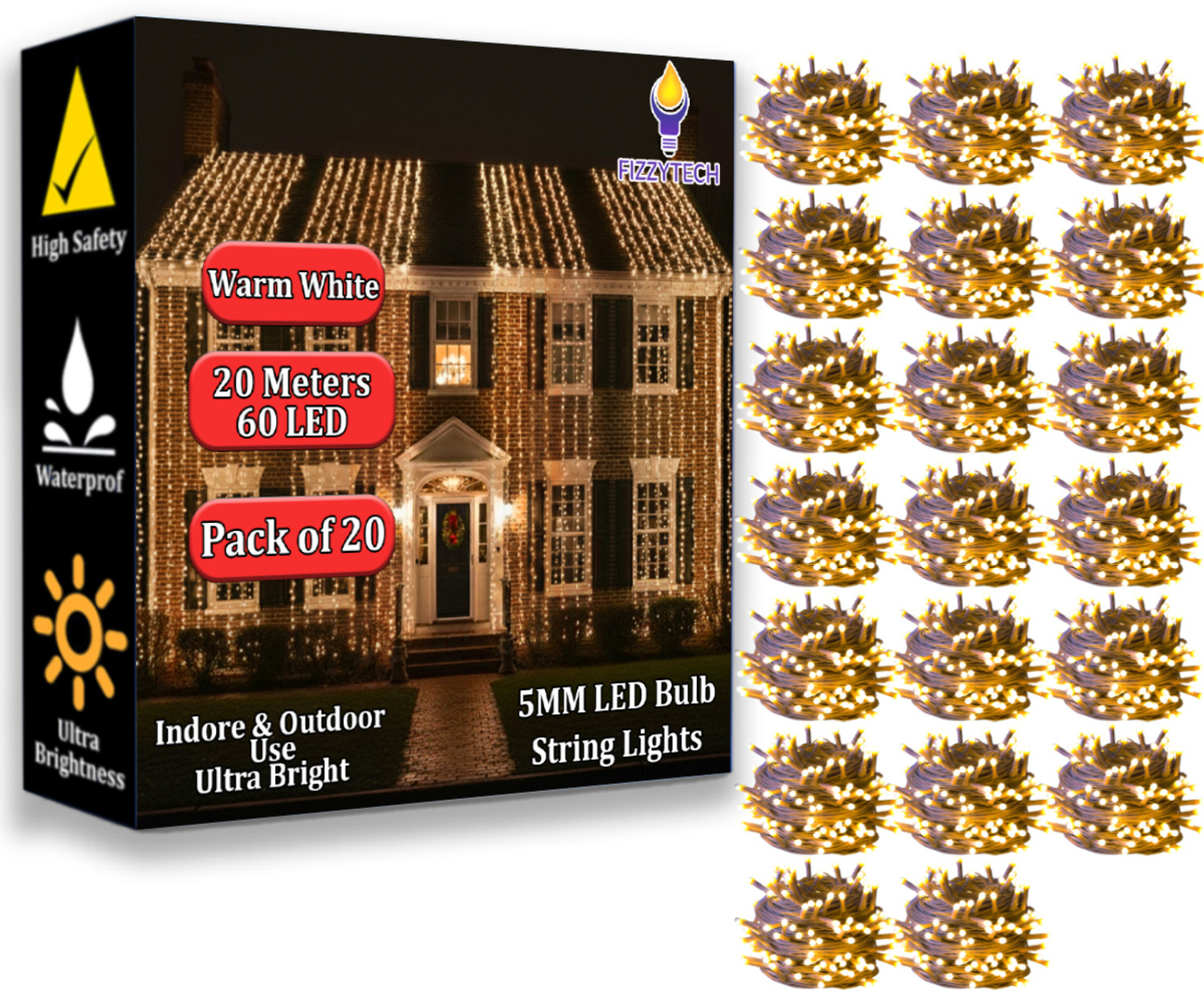 Image of FIZZYTECH 40 LEDs 11 m Multicolor Steady String Rice Lights (Pack of 20)