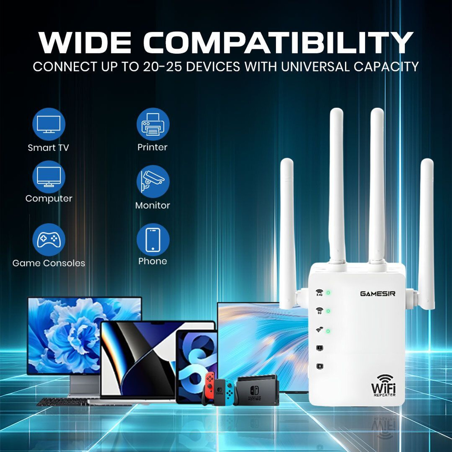 Image of GameSir Wi-Fi Extender Up to 300Mbps WiFi Repeaters WiFi Range Extender 2.4 GHz 300 Mbps Wifi Speed Dual Band External Antenna Ethernet (Cable Broadband) (White)