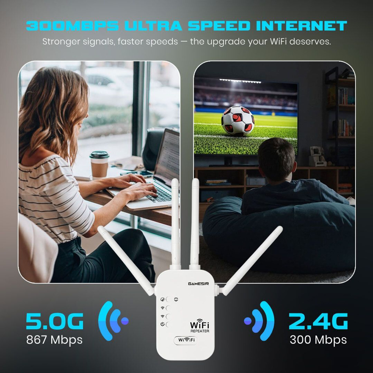 Image of GameSir Wi-Fi Extender Up to 300Mbps WiFi Repeaters WiFi Range Extender 2.4 GHz 300 Mbps Wifi Speed Dual Band External Antenna Ethernet (Cable Broadband) (White)