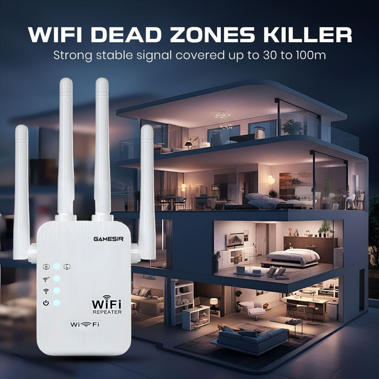 Image of GameSir Wi-Fi Extender Up to 300Mbps WiFi Repeaters WiFi Range Extender 2.4 GHz 300 Mbps Wifi Speed Dual Band External Antenna Ethernet (Cable Broadband) (White)