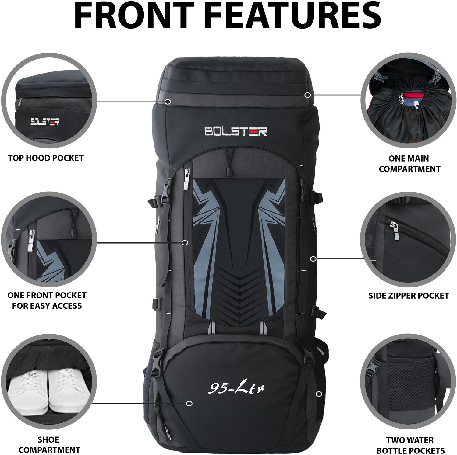 Image of BOLSTER 95L TRAVEL HIKING RUCKSACK TRAVEL BACKPACK FOR ADVENTURES TREKS 1 YEAR WARRANTY (Grey, Rucksack)
