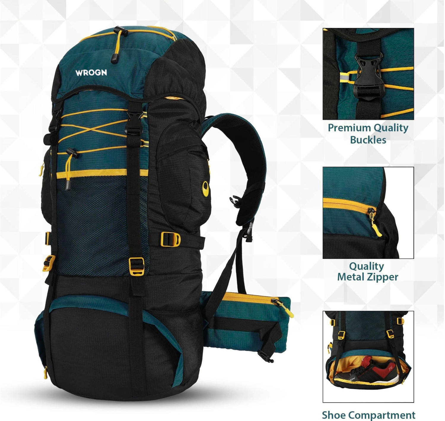 Image of WROGN travel bag tourist bag trekking bag rucksacks for men (S-72) Rucksack - 72 L (Green, Black)