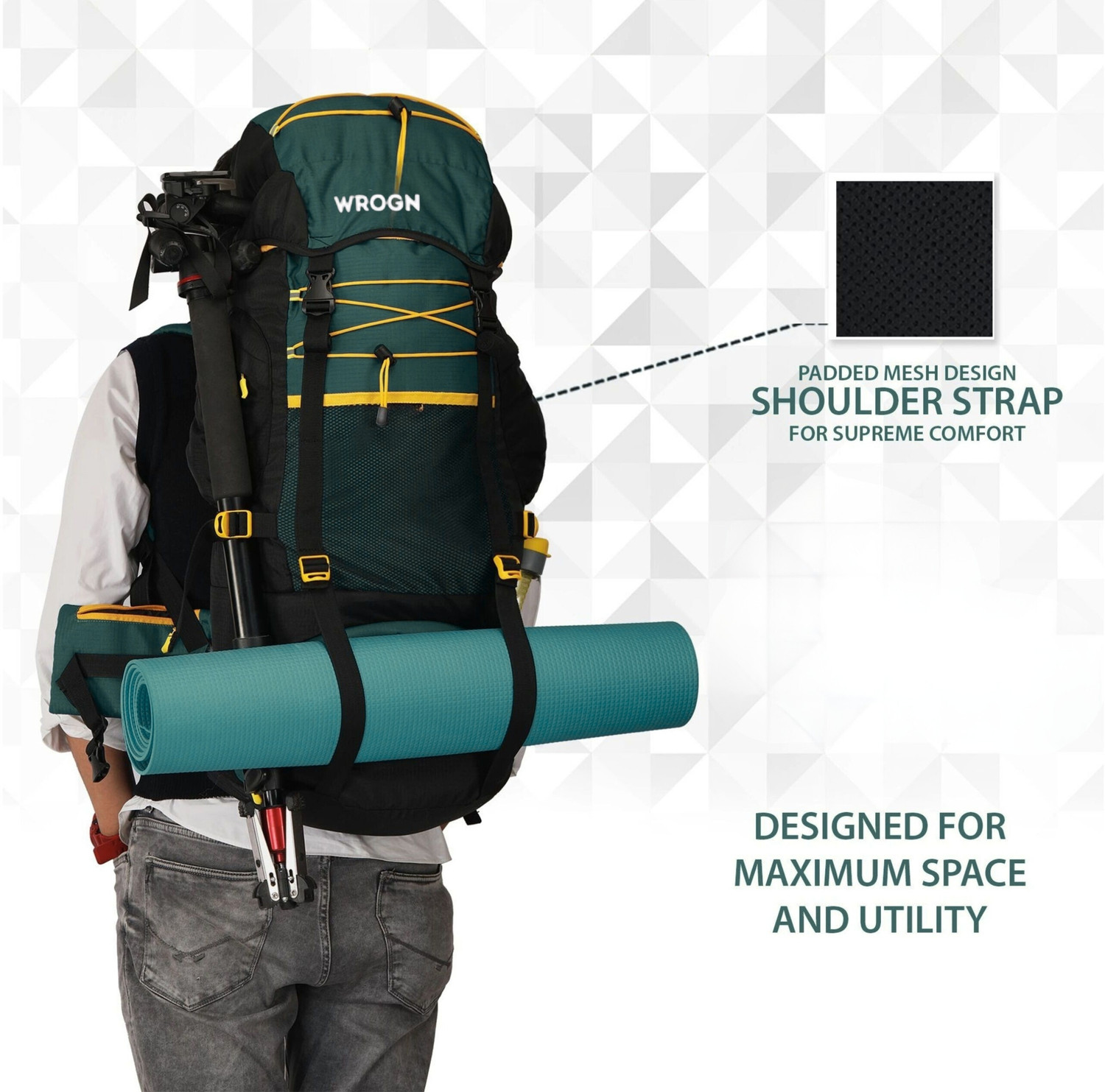 Image of WROGN travel bag tourist bag trekking bag rucksacks for men (S-72) Rucksack - 72 L (Green, Black)