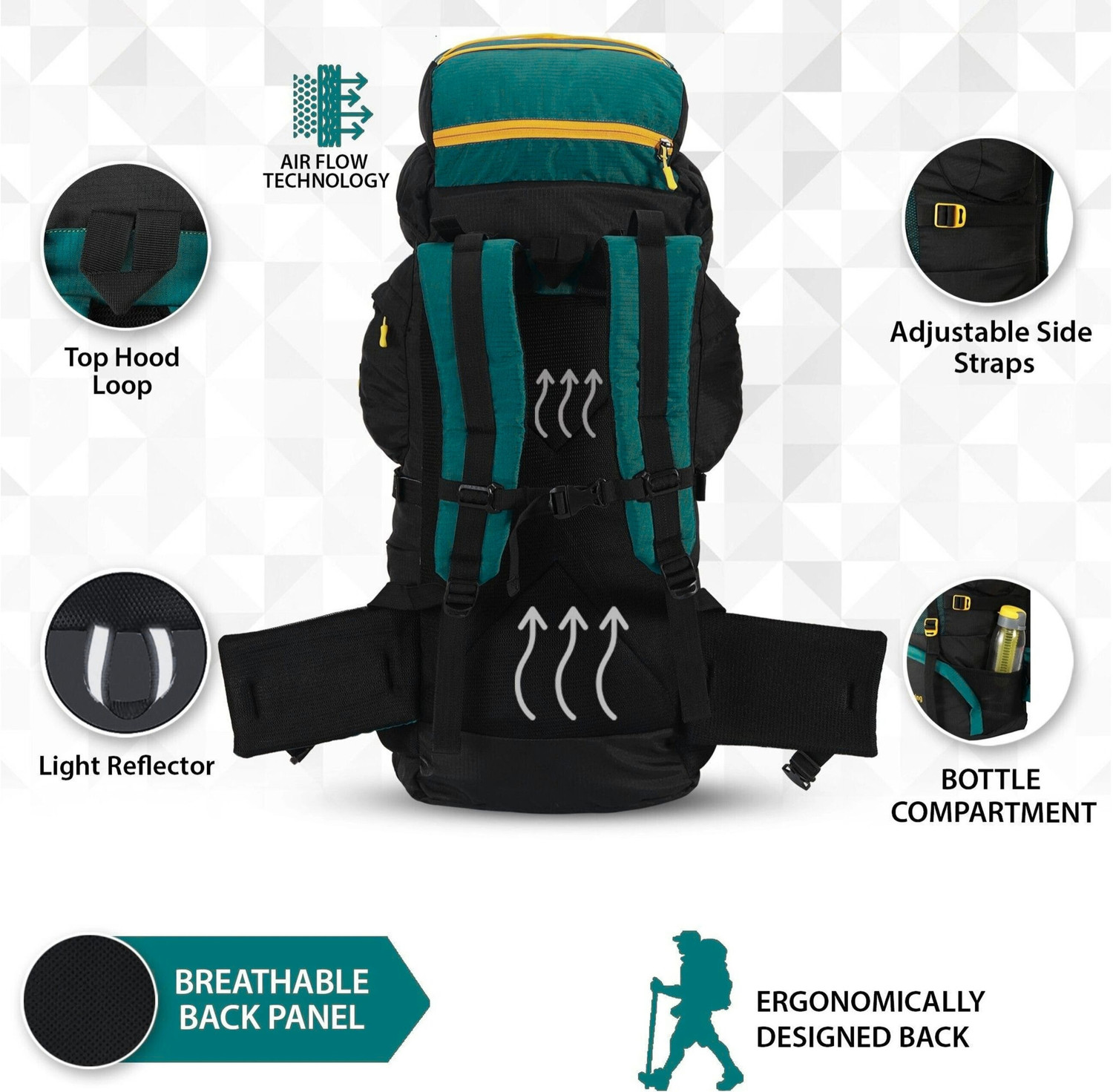 Image of WROGN travel bag tourist bag trekking bag rucksacks for men (S-72) Rucksack - 72 L (Green, Black)
