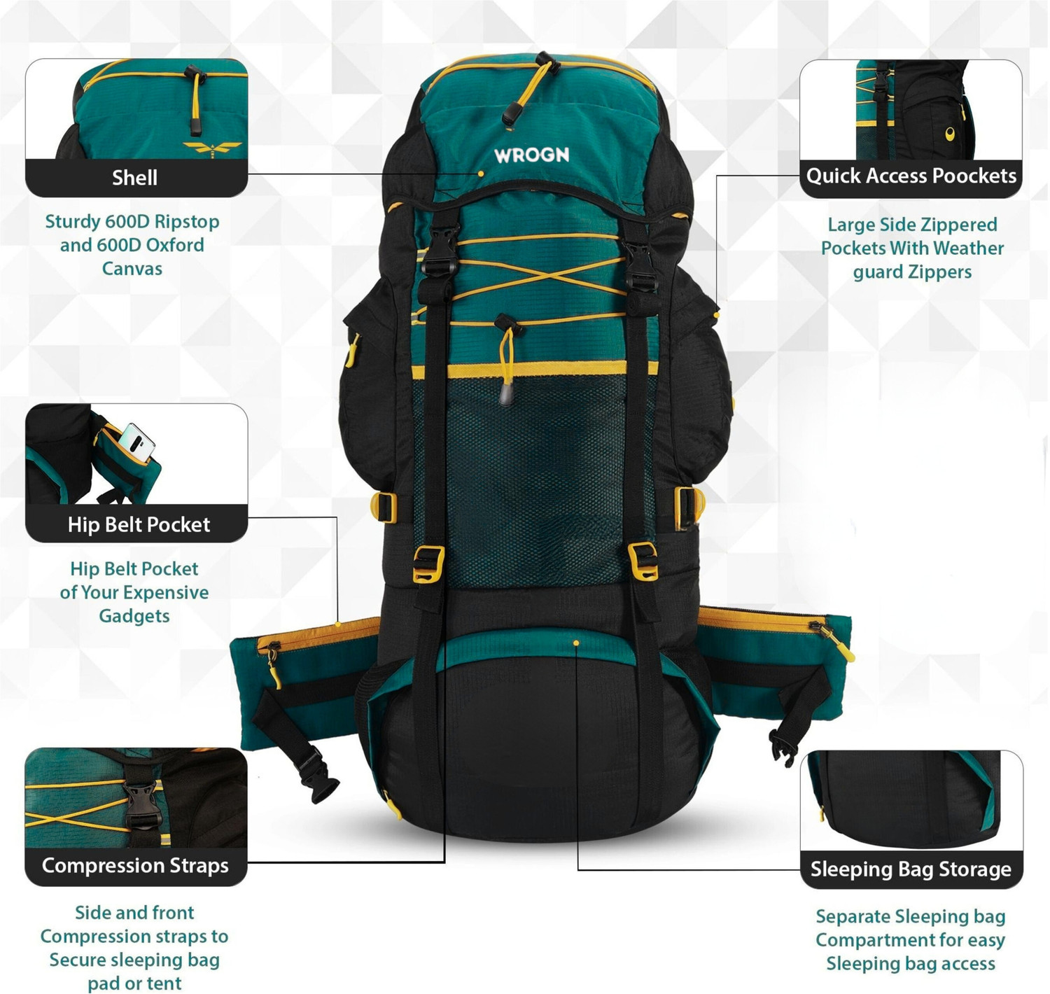 Image of WROGN travel bag tourist bag trekking bag rucksacks for men (S-72) Rucksack - 72 L (Green, Black)