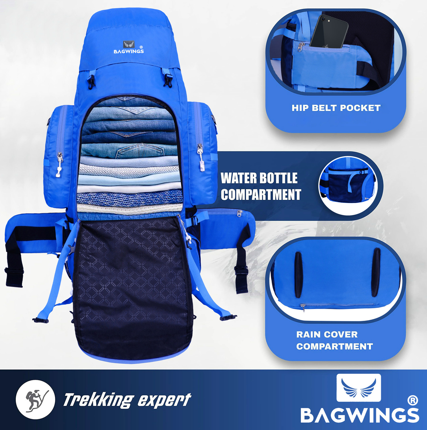 Image of BAGWINGS 85-L Waterproof Trekking Bag Hiking Backpack Travel Bag ( 1 year waranty) Rucksack - 85 L (Blue)