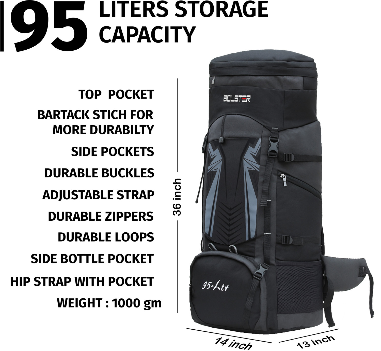 Image of BOLSTER 95L TRAVEL HIKING RUCKSACK TRAVEL BACKPACK FOR ADVENTURES TREKS 1 YEAR WARRANTY (Grey, Rucksack)
