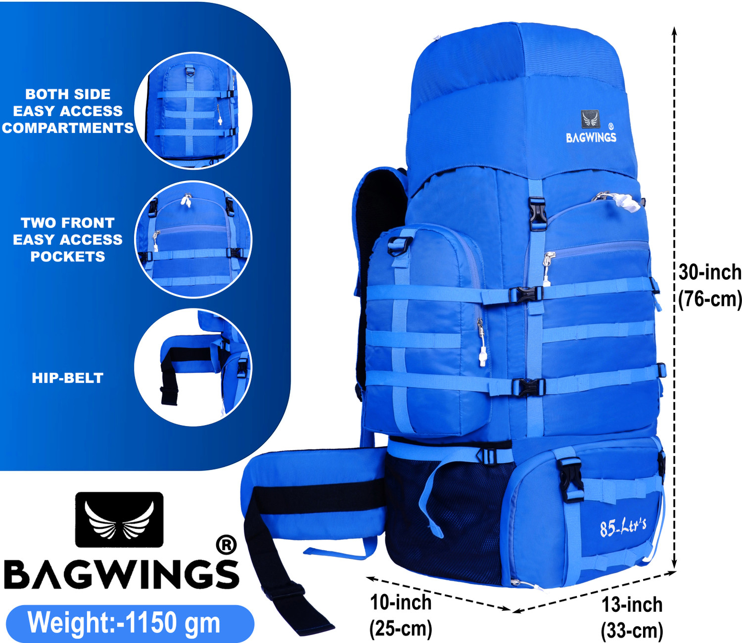 Image of BAGWINGS 85-L Waterproof Trekking Bag Hiking Backpack Travel Bag ( 1 year waranty) Rucksack - 85 L (Blue)