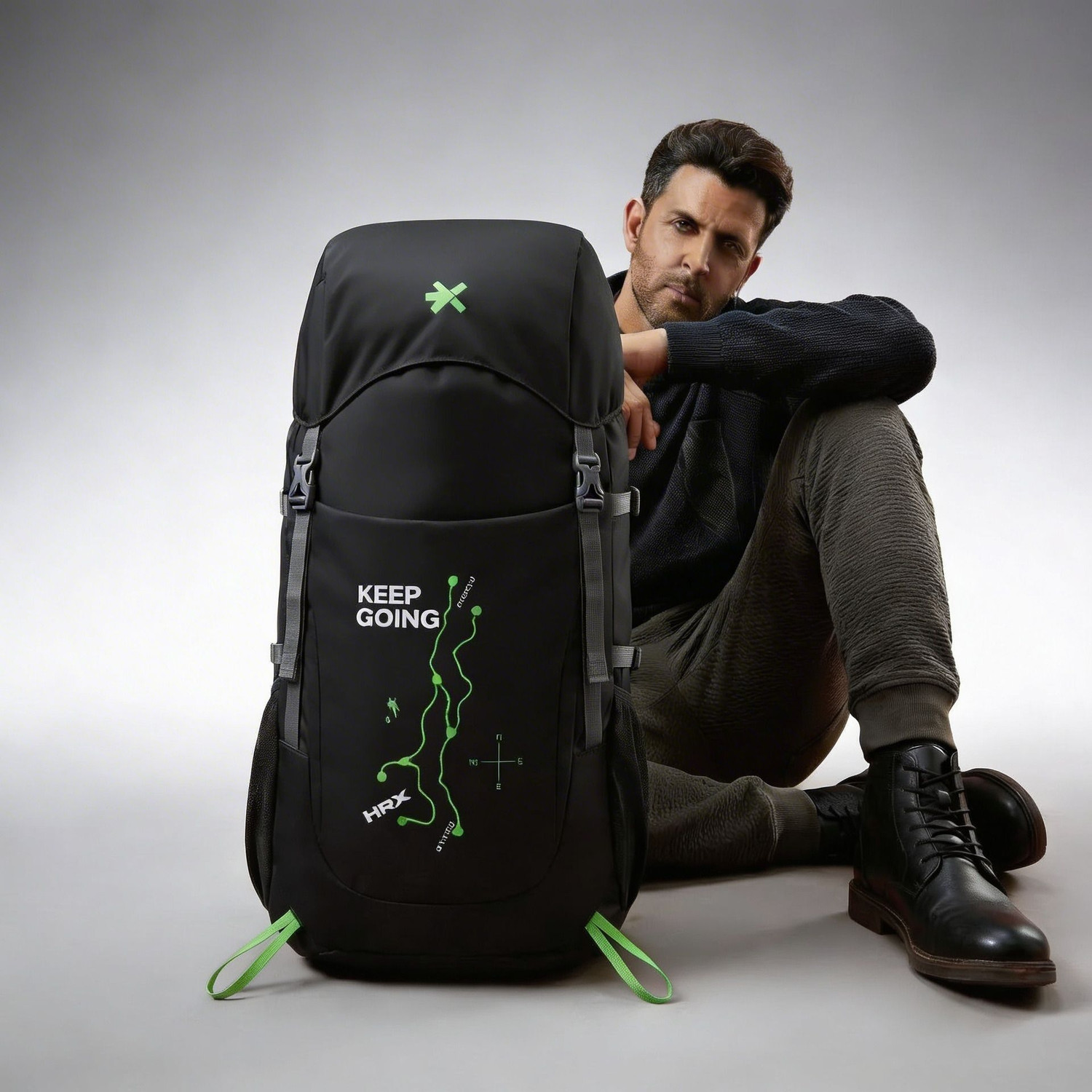 HRX by Hrithik Roshan Blaze High Quality Trekking Hiking Camping Bag Travel Backpack Rucksack Rucksack - 65 L (Black, Green) - Image 1