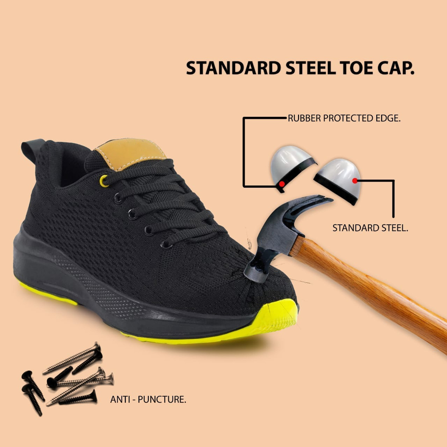 Image of lucystores Steel Toe Artificial Leather Safety Shoe (Black, S2P, Size 8)