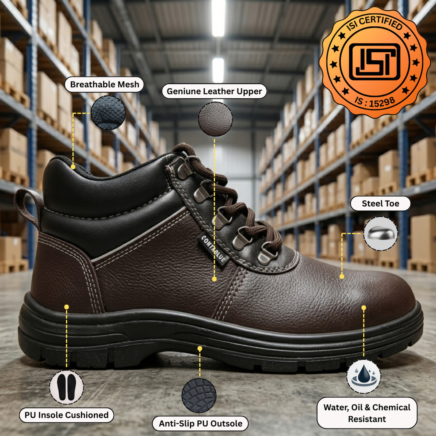 Image of Contablue Steel Toe Grain Leather Safety Shoe (Brown, S2, Size 5)