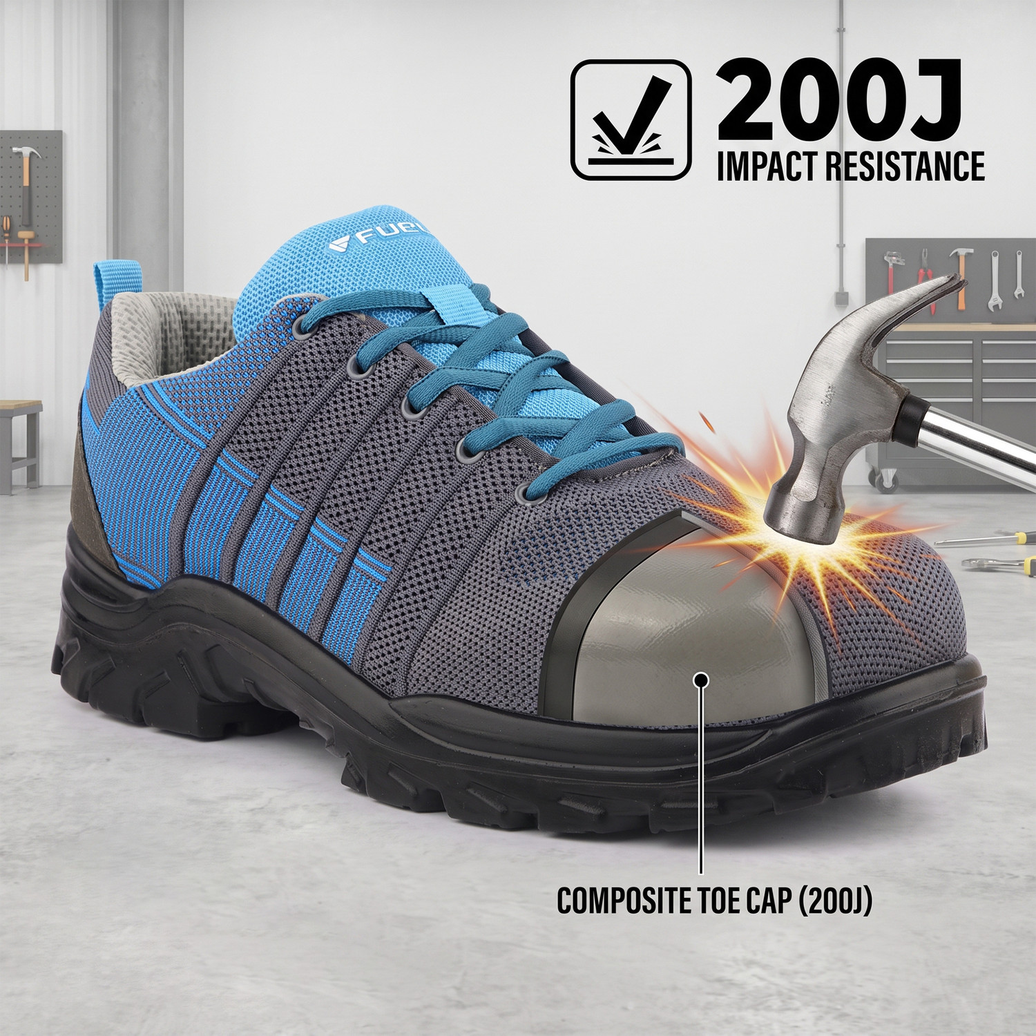 Image of FUEL SHOE Steel Toe Synthetic, PVC, Fabric Safety Shoe (Blue, Black, S1, Size 8)