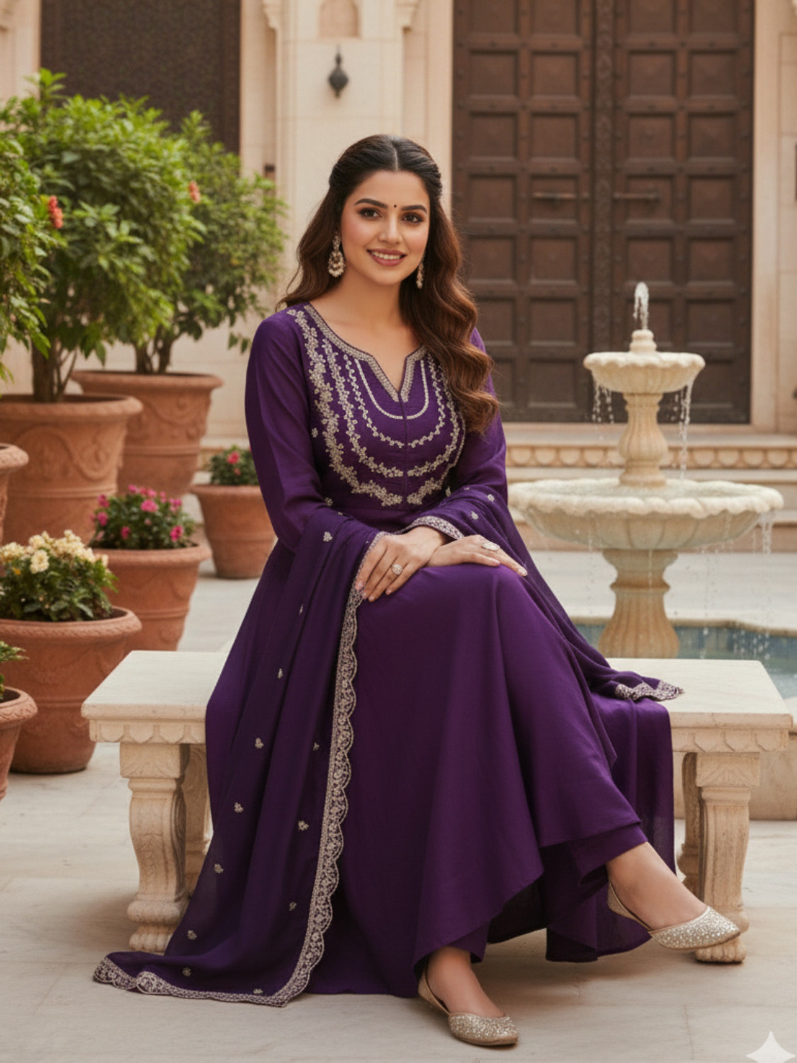 Image of ARVILAS Embroidered Kurta, Trouser /Pant & Dupatta Set