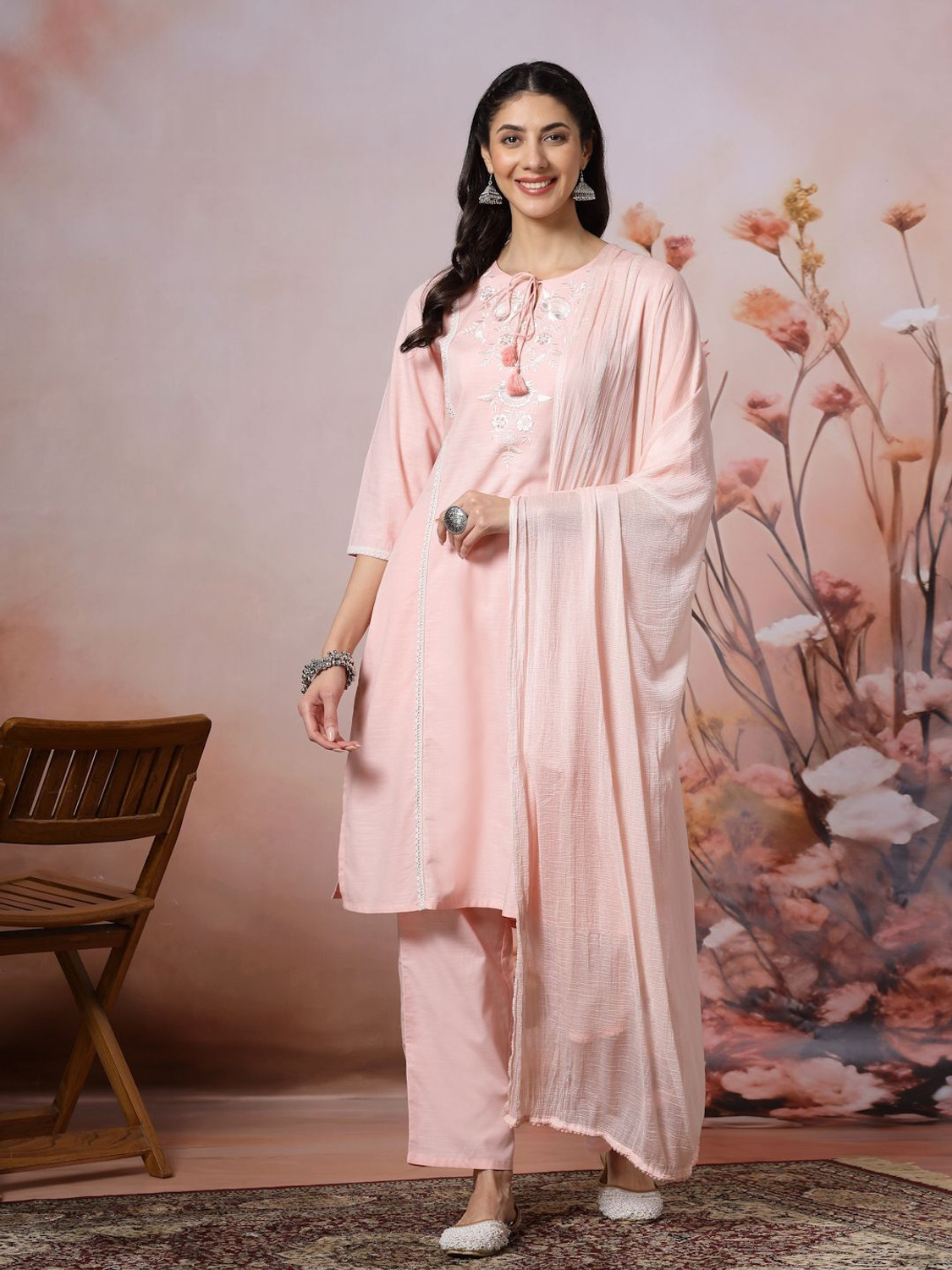 Image of CHECHI Embroidered Kurta, Palazzo & Dupatta Set