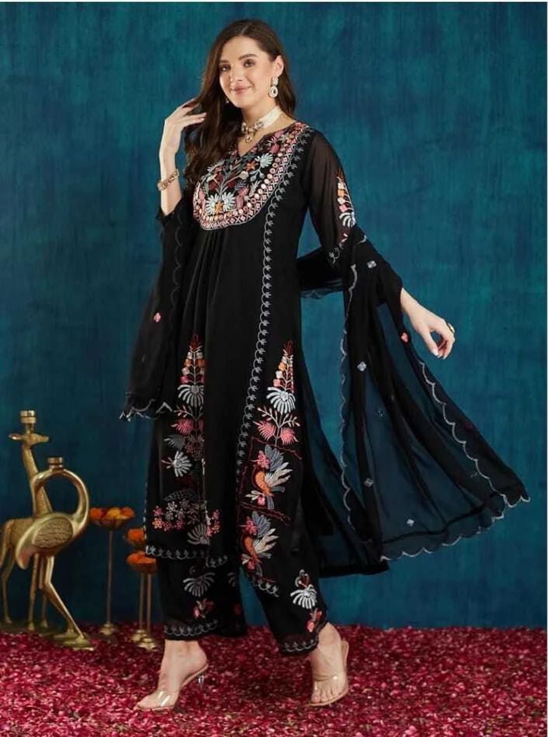Image of Tasrika Embroidered Anarkali Kurta, Bottom & Dupatta Set