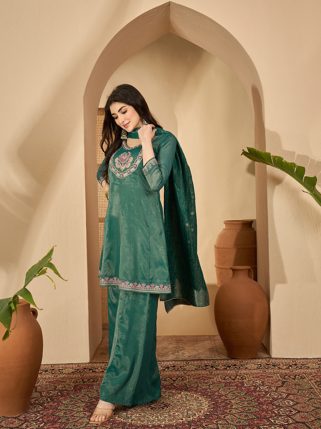 Image of Sangria Teal Silk Blend Zari Sequence Thread Kurta With Palazzo And Dupatta Embroidered, Embellished Kurta, Palazzo & Dupatta Set