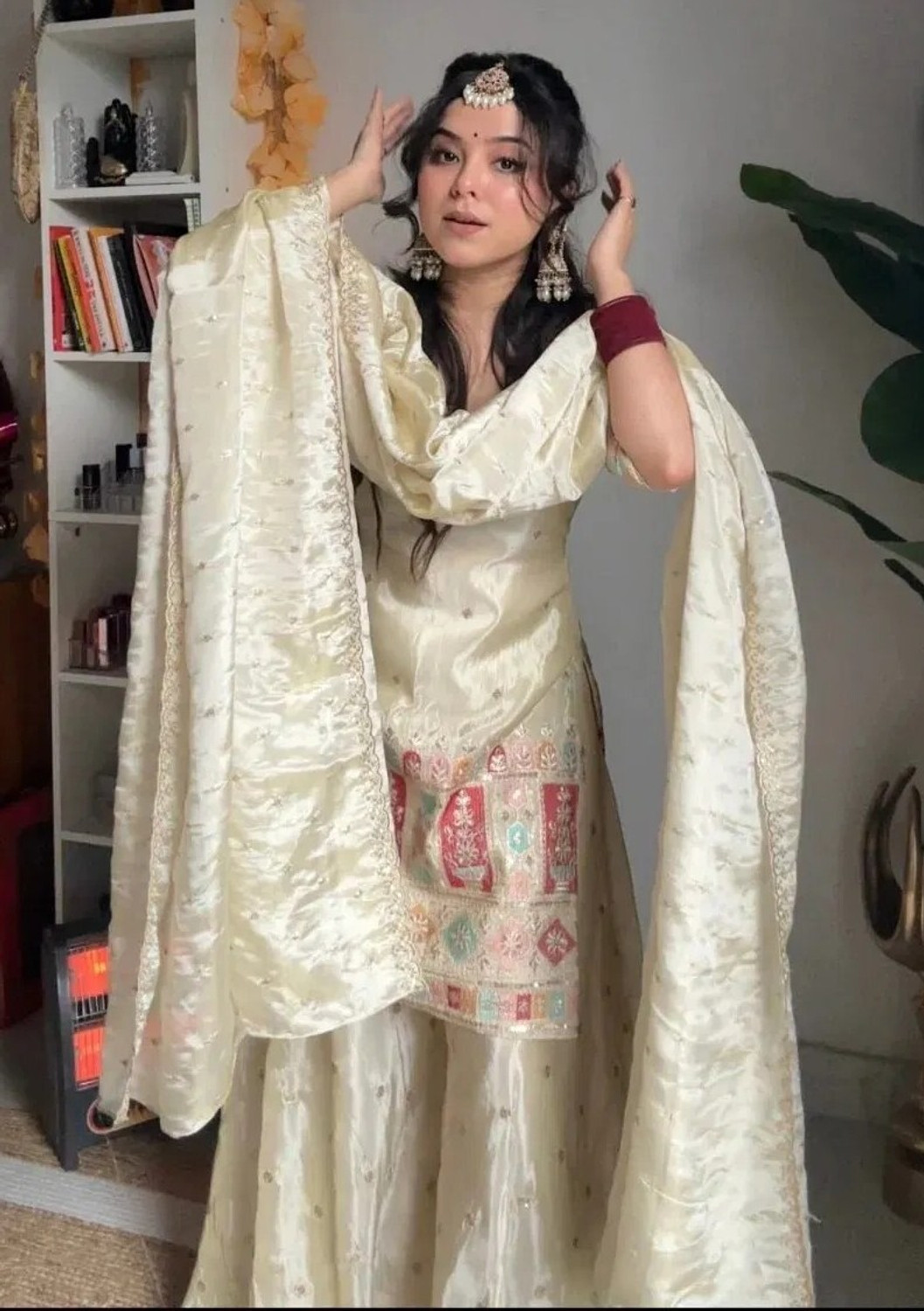 Image of KRISHNAHFAB Embroidered, Embellished Kurta, Trouser /Pant & Dupatta Set