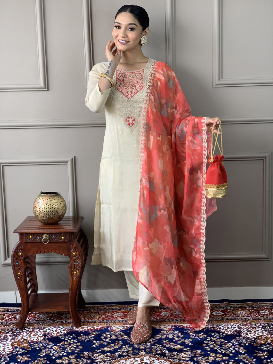 Image of OSHTI Embroidered Kurta, Palazzo & Dupatta Set