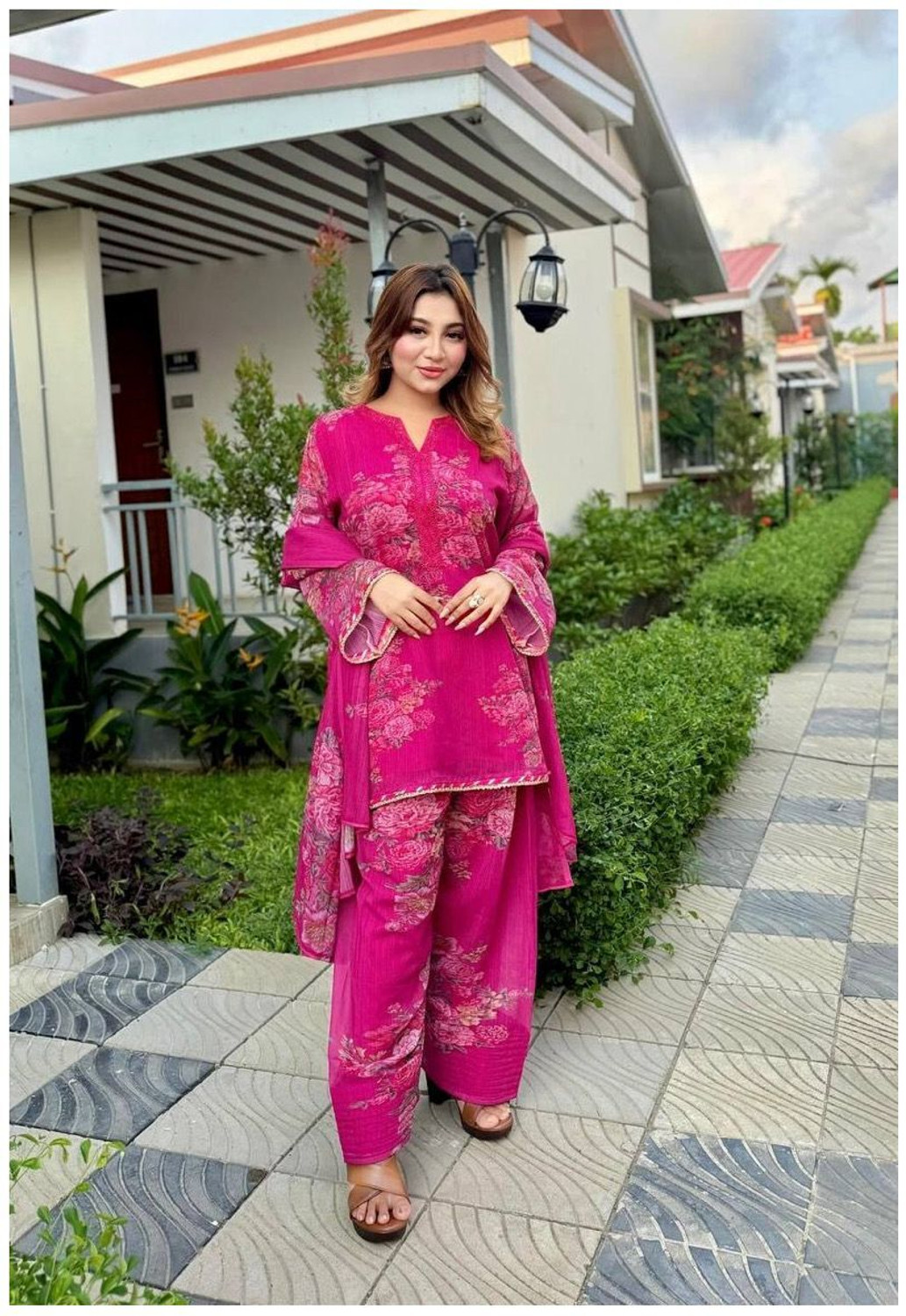 Image of CHECHI Embroidered Kurta, Palazzo & Dupatta Set