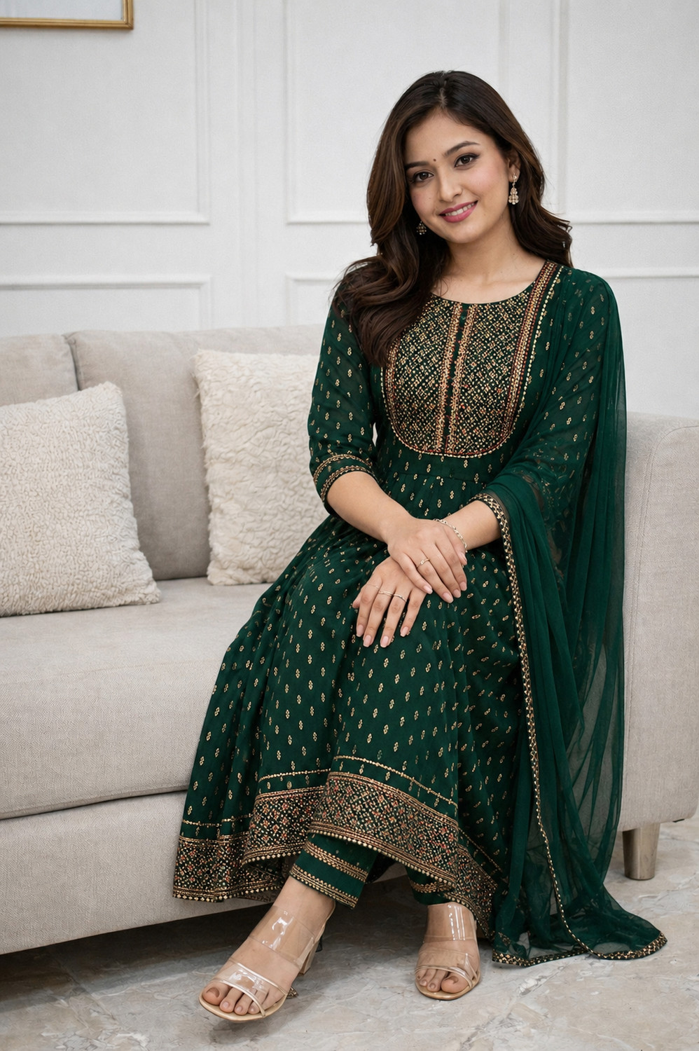 Image of Tasrika Embroidered Anarkali Kurta, Bottom & Dupatta Set