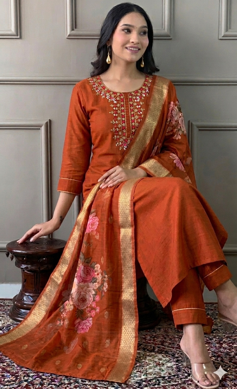 Image of SZN Embroidered Kurta, Trouser /Pant & Dupatta Set