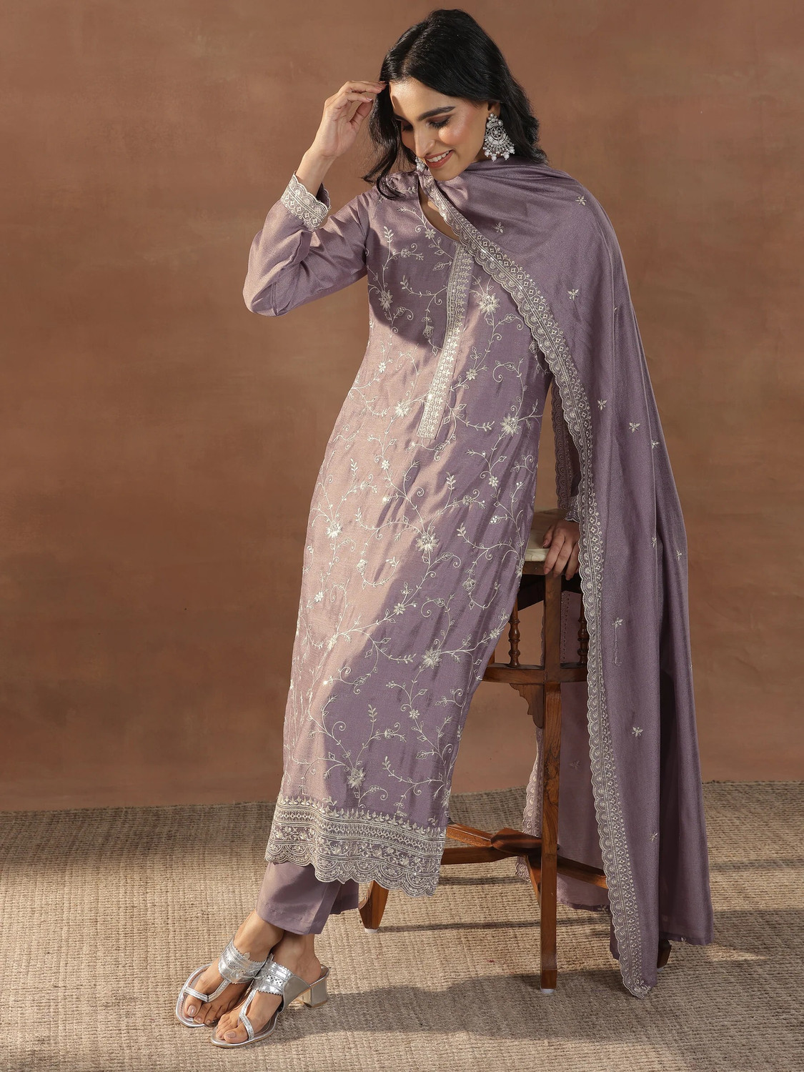 Image of HAMOFY A-71-422-BLUE Embroidered, Woven, Floral Print Kurta, Trouser /Pant & Dupatta Set