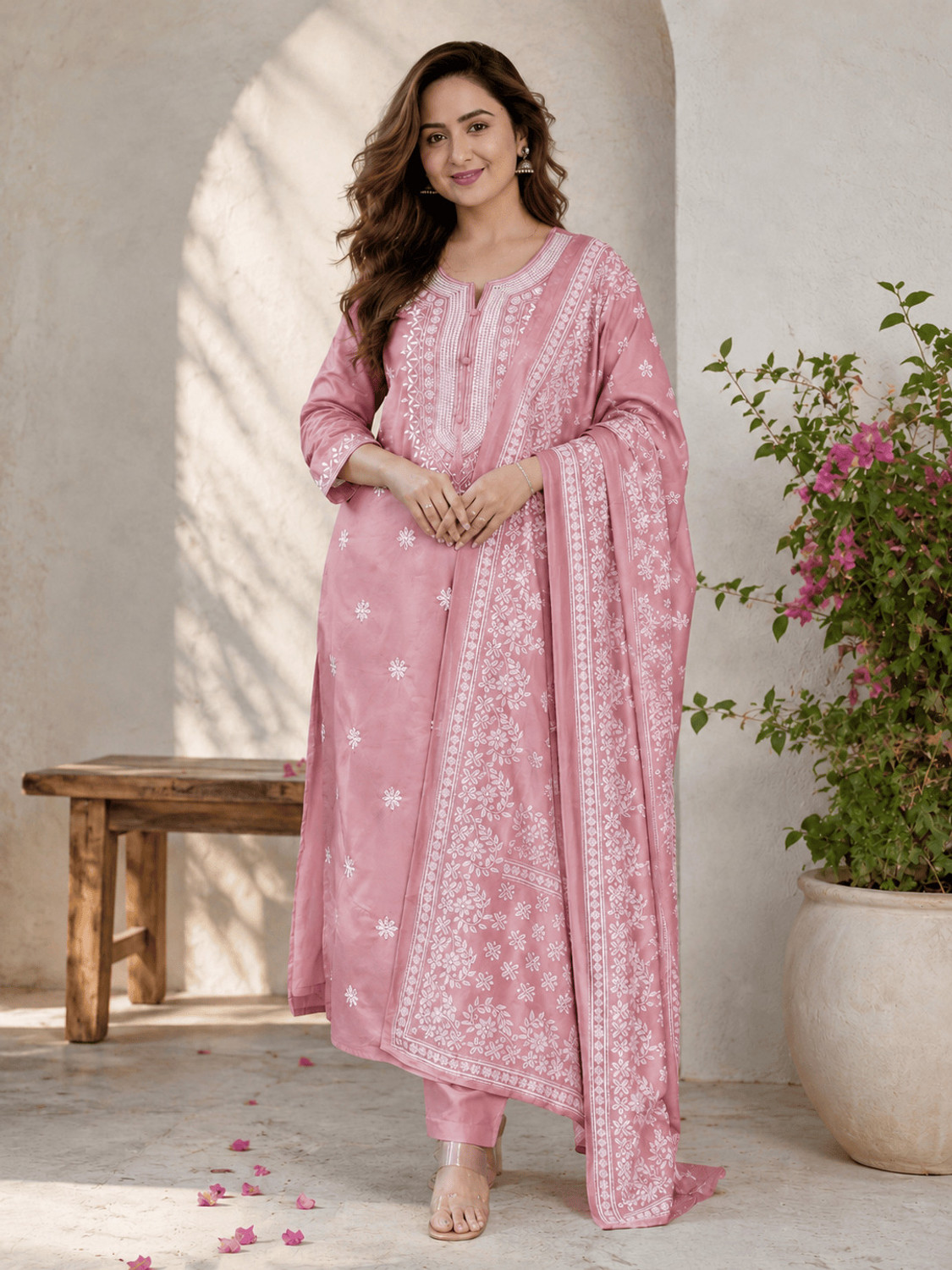 Image of CHECHI Embroidered Kurta, Palazzo & Dupatta Set