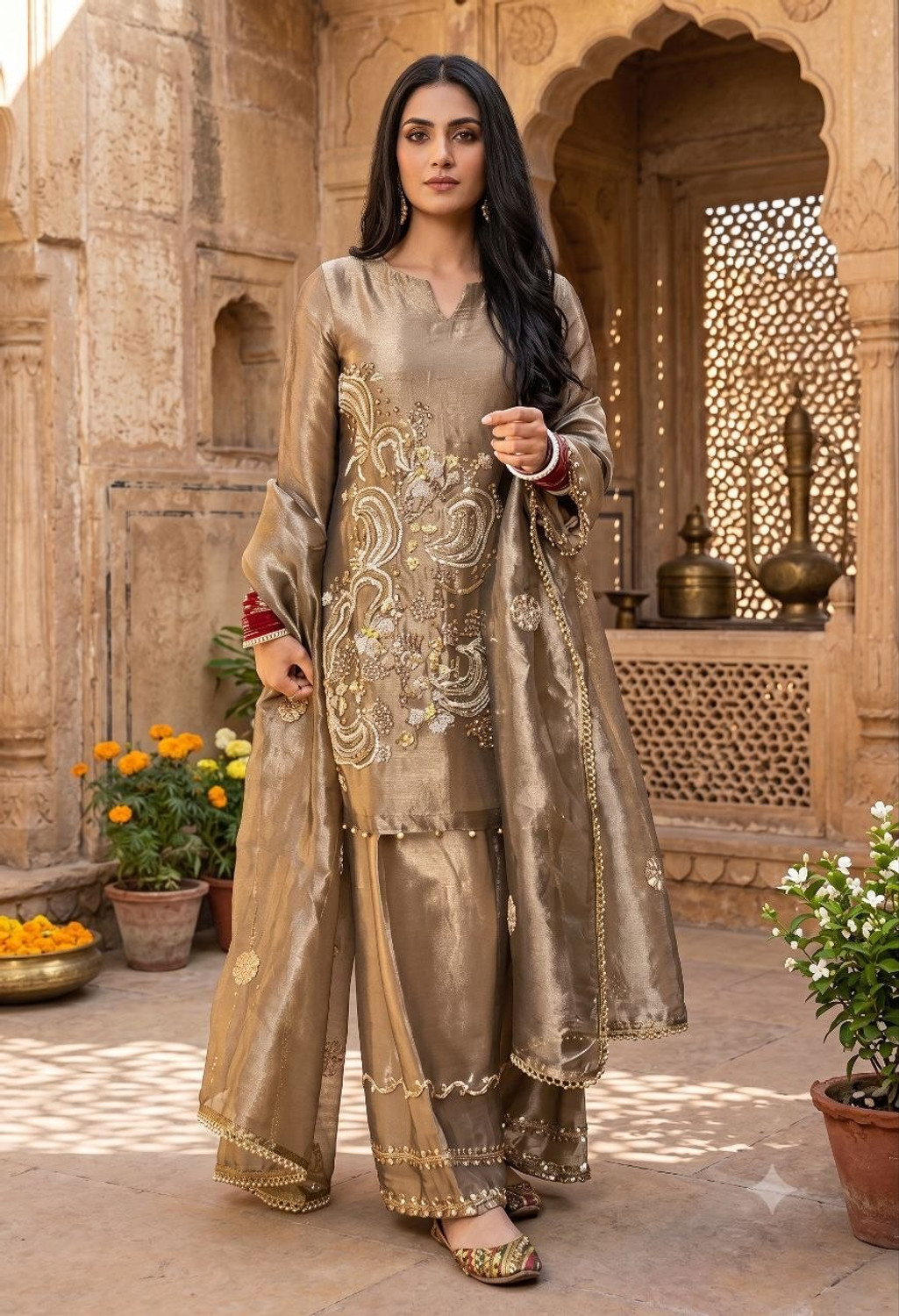 Image of CHECHI Embroidered Kurta, Palazzo & Dupatta Set