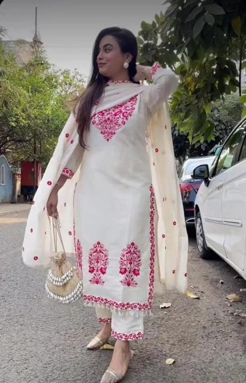 Image of CHECHI Embroidered Kurta, Palazzo & Dupatta Set
