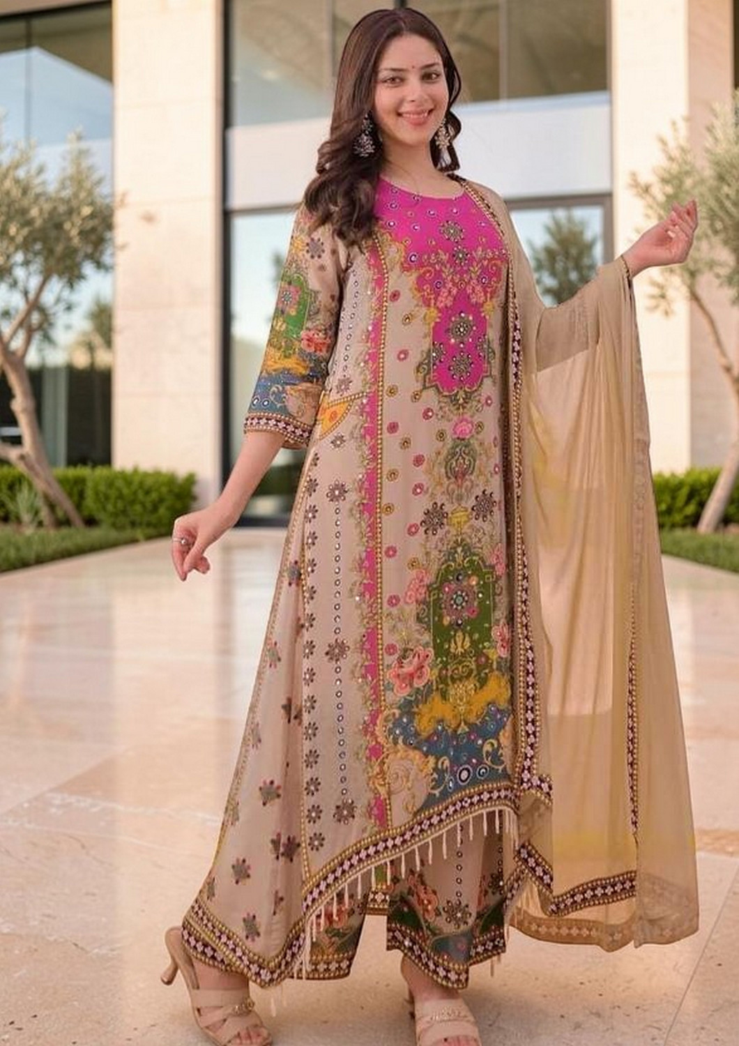 Image of CHECHI Embroidered Kurta, Palazzo & Dupatta Set