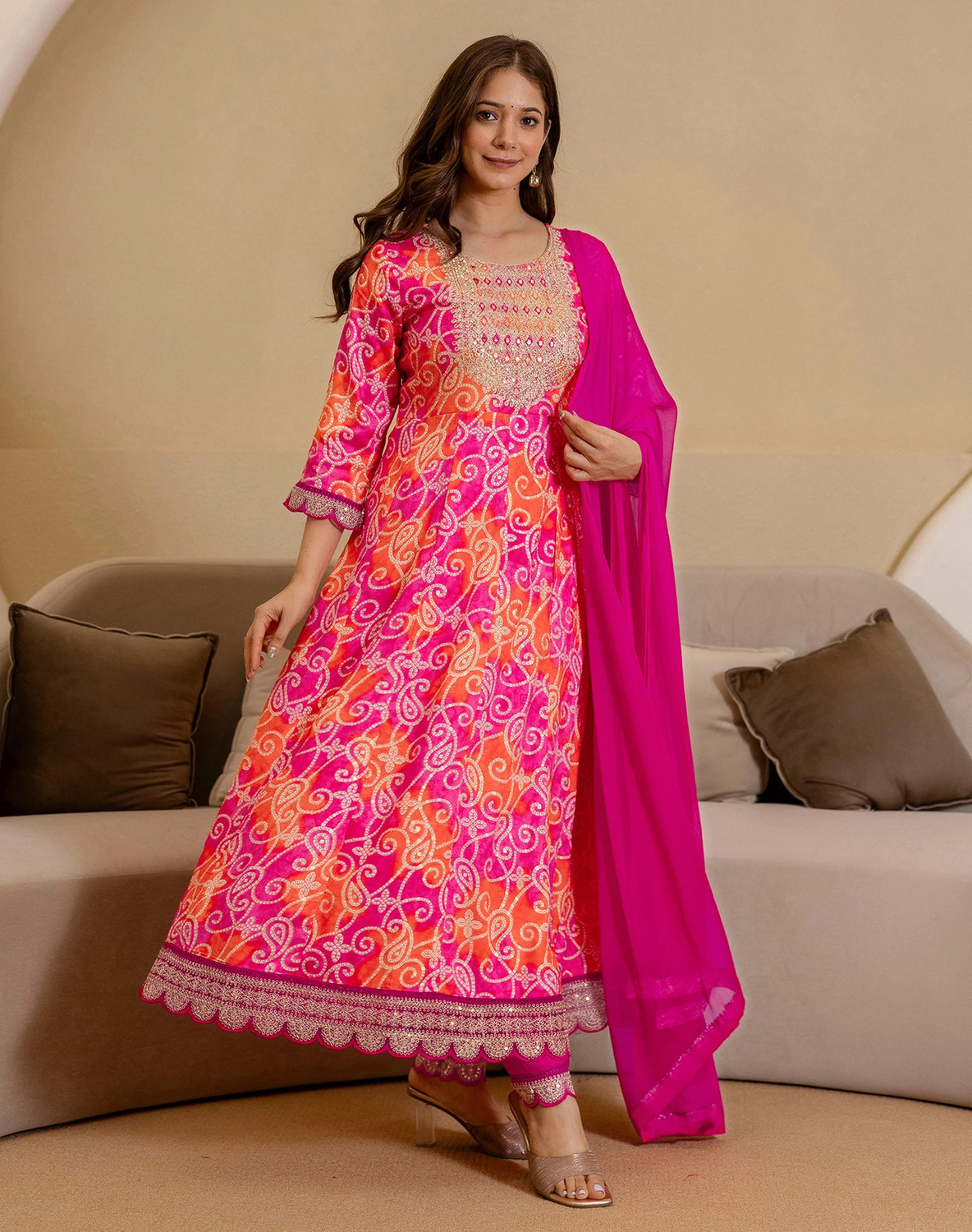 Image of Tasrika Printed Anarkali Kurta, Bottom & Dupatta Set