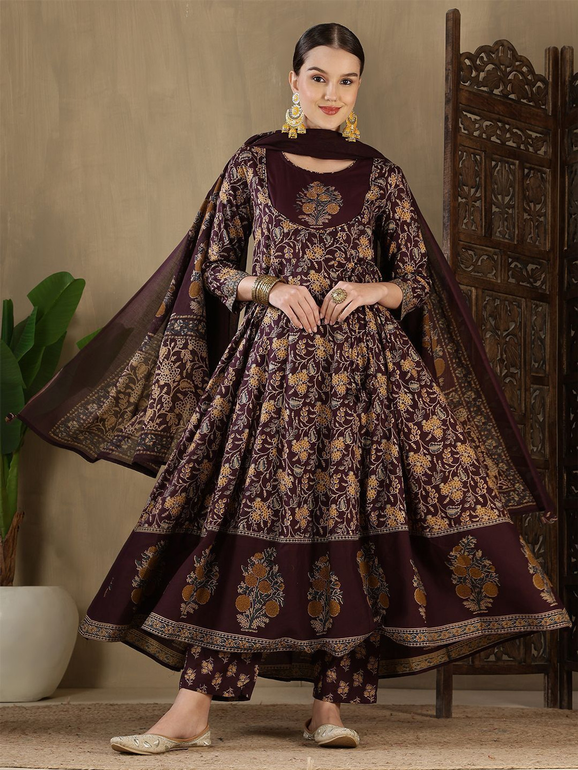 Image of KALPHEM Women Pure Cotton Floral Print Kurta, Palazzo & Dupatta Set