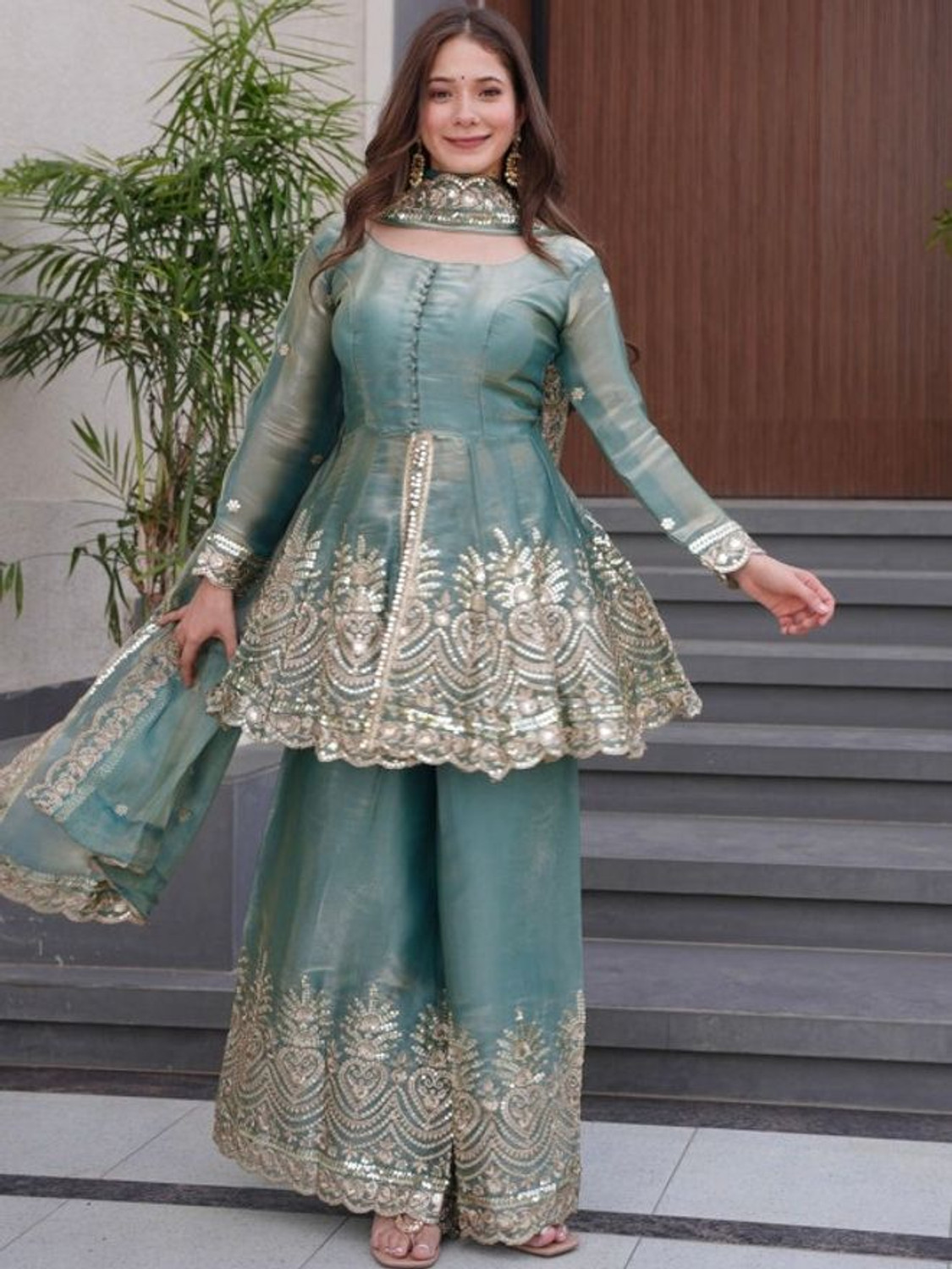 Image of SELLBOX Salwar Kurta Dupatta Solid Kurta, Sharara & Dupatta Set
