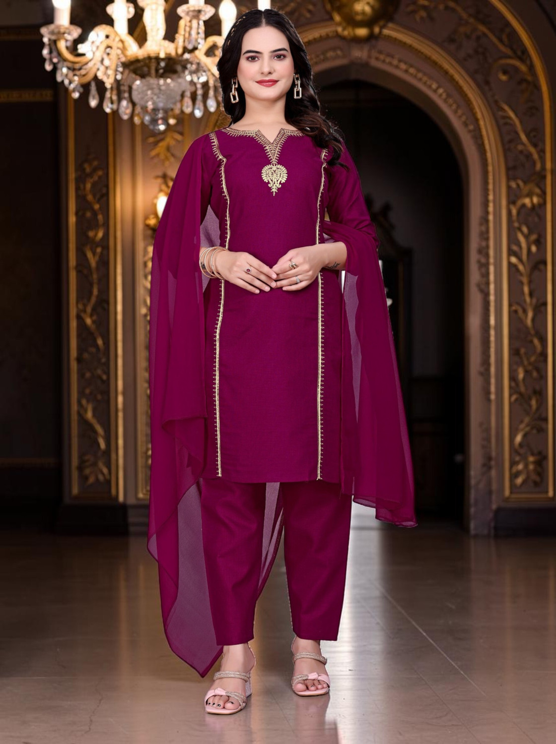 Image of SELLBOX Salwar Kurta Dupatta Solid Kurta, Sharara & Dupatta Set
