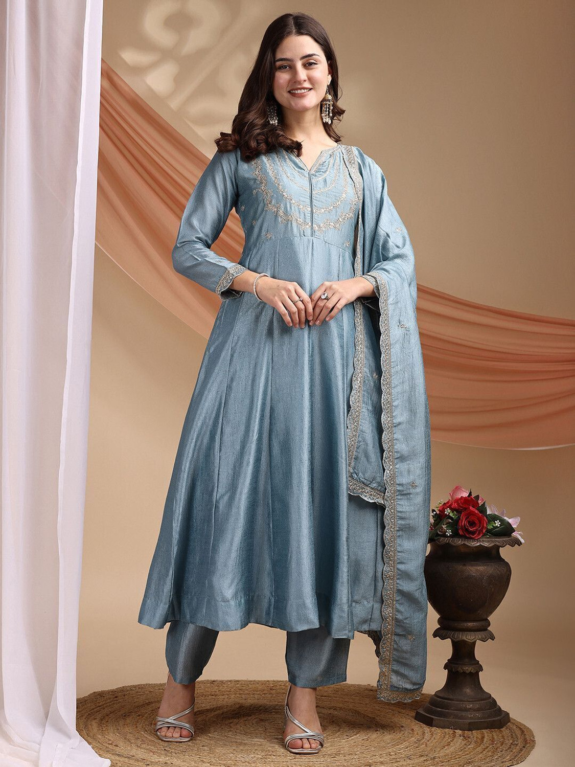 Image of ARVILAS Embroidered Kurta, Trouser /Pant & Dupatta Set