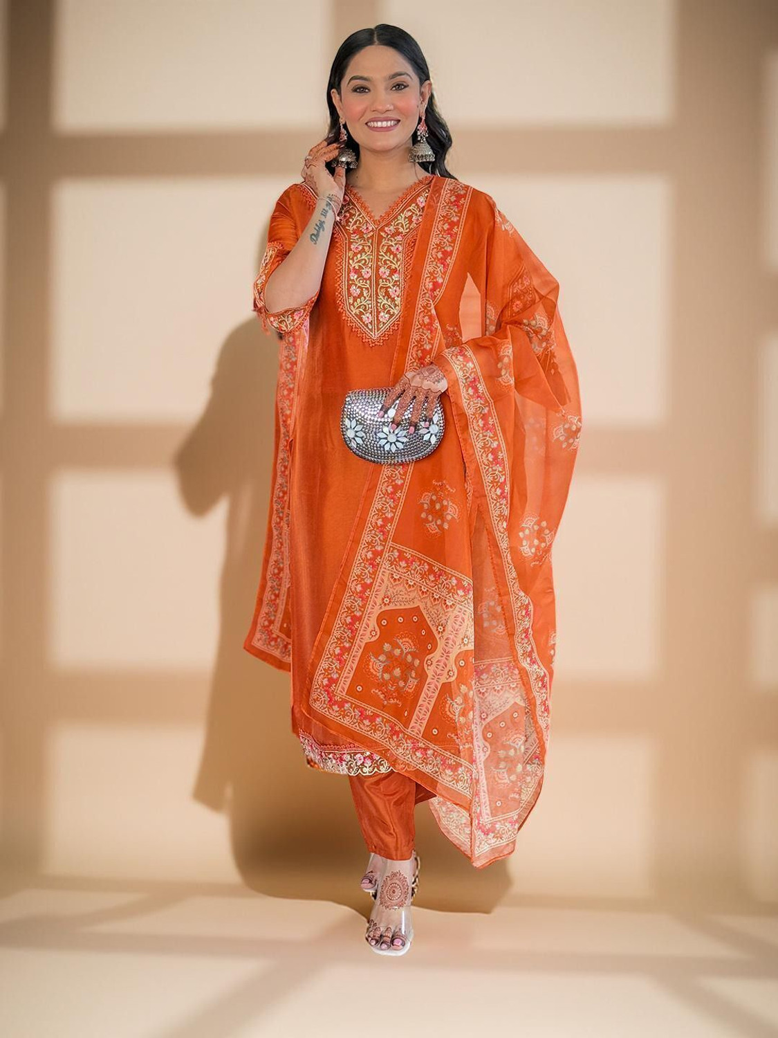 Image of GOKUL NX Printed Kurta, Trouser /Pant & Dupatta Set