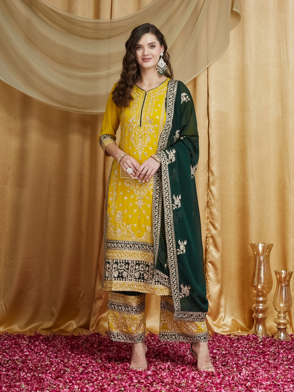 Image of Sangria Teal Silk Blend Zari Sequence Thread Kurta With Palazzo And Dupatta Embroidered, Embellished Kurta, Palazzo & Dupatta Set