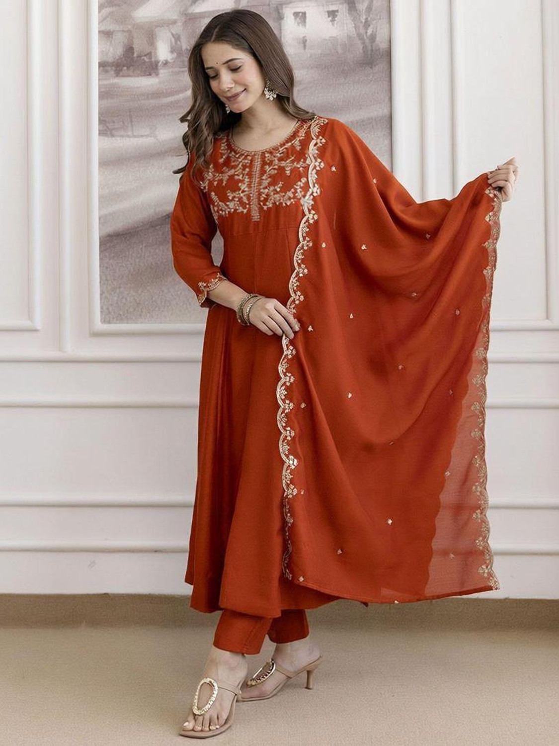 Image of ARVILAS Embroidered Kurta, Trouser /Pant & Dupatta Set
