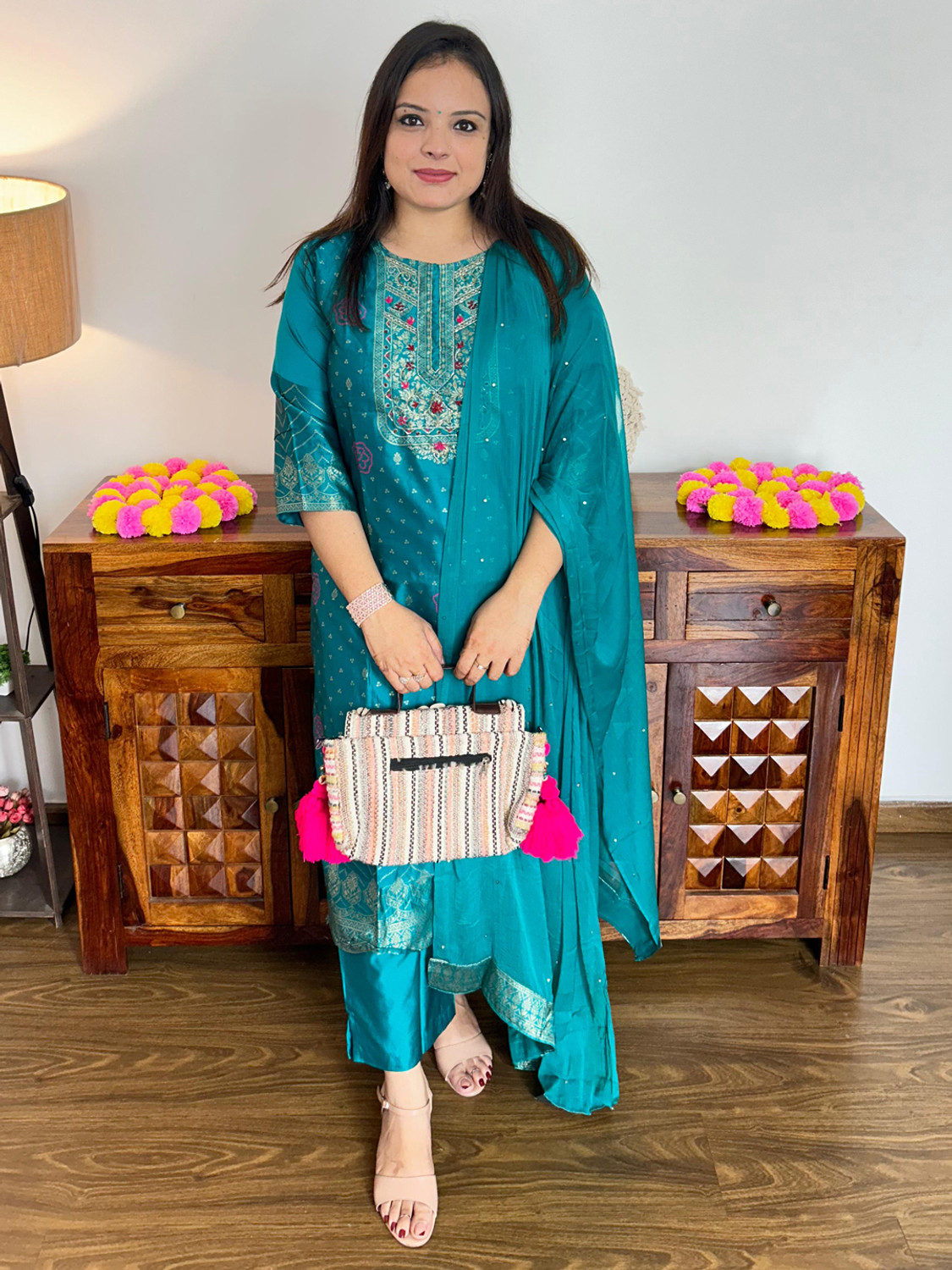 Image of Sangria Teal Silk Blend Zari Sequence Thread Kurta With Palazzo And Dupatta Embroidered, Embellished Kurta, Palazzo & Dupatta Set