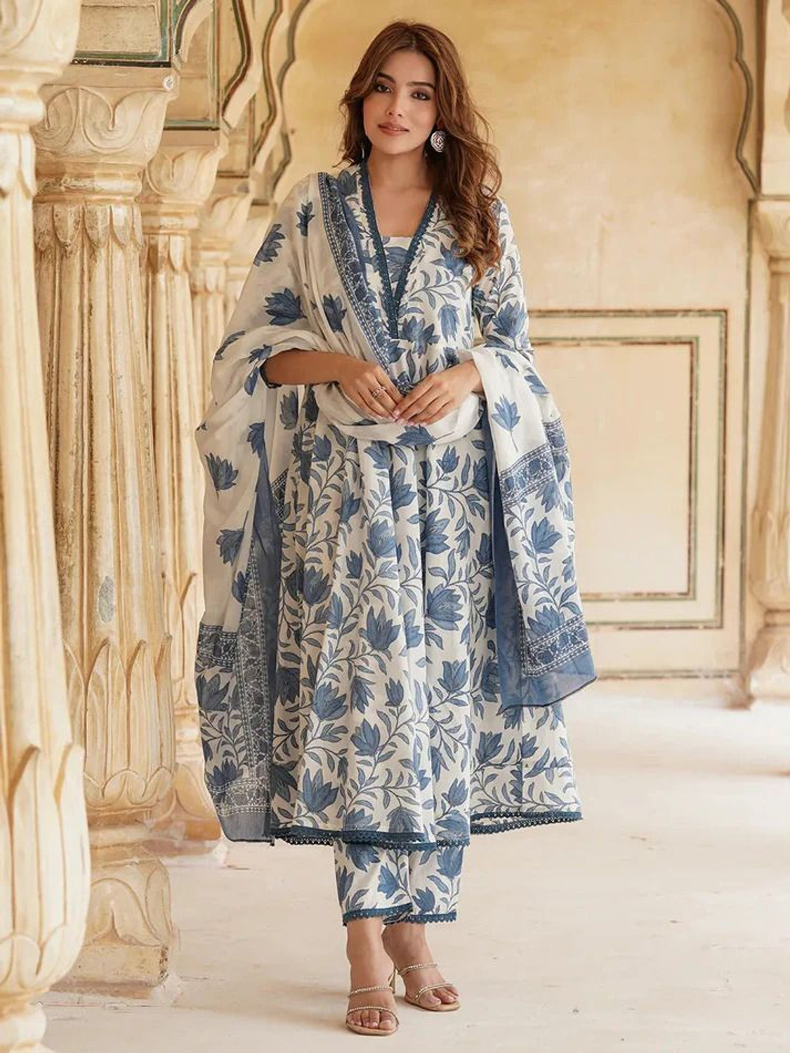 Image of AZYERA Printed Anarkali Kurta, Bottom & Dupatta Set