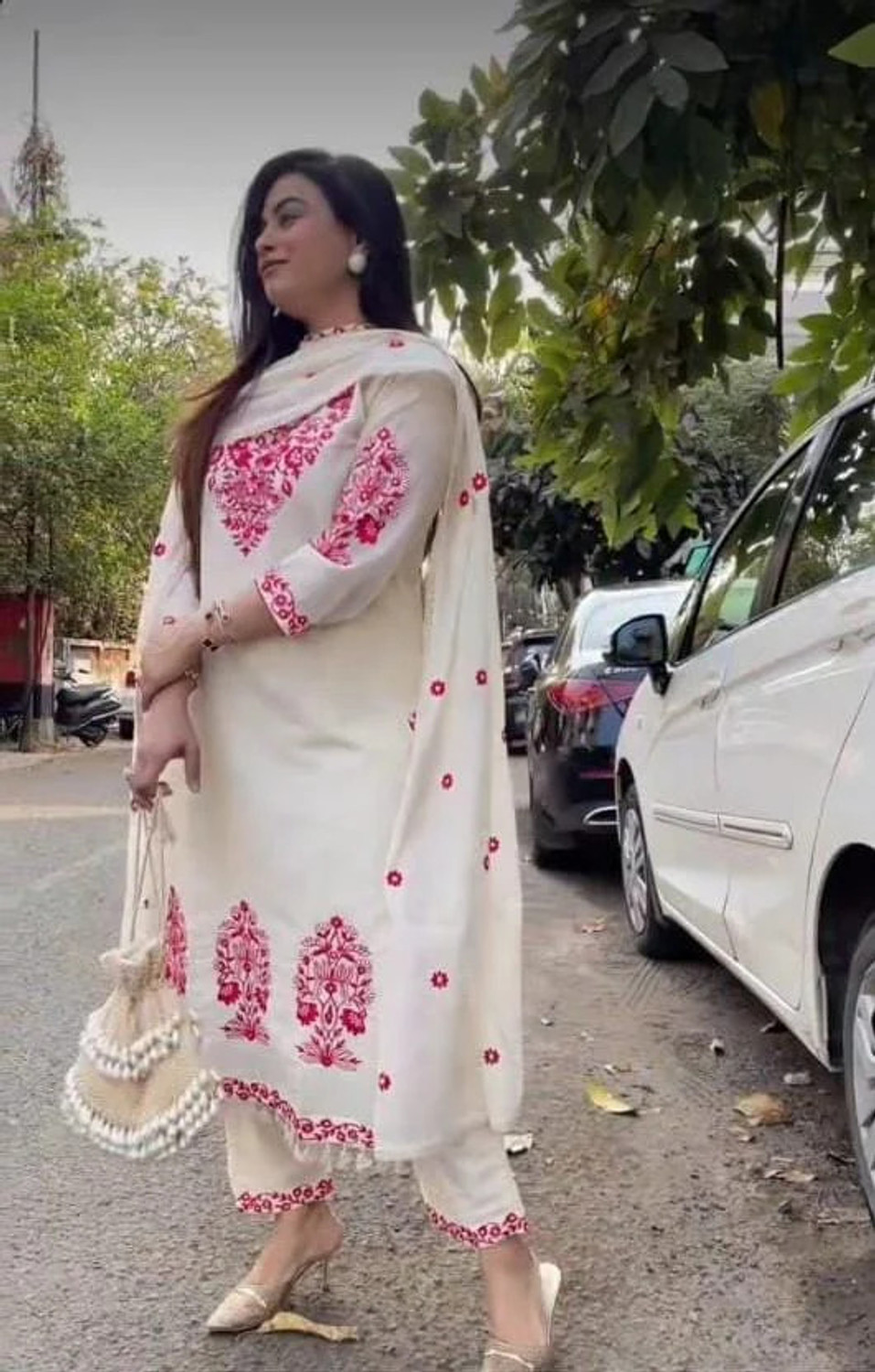 Image of CHECHI Embroidered Kurta, Palazzo & Dupatta Set