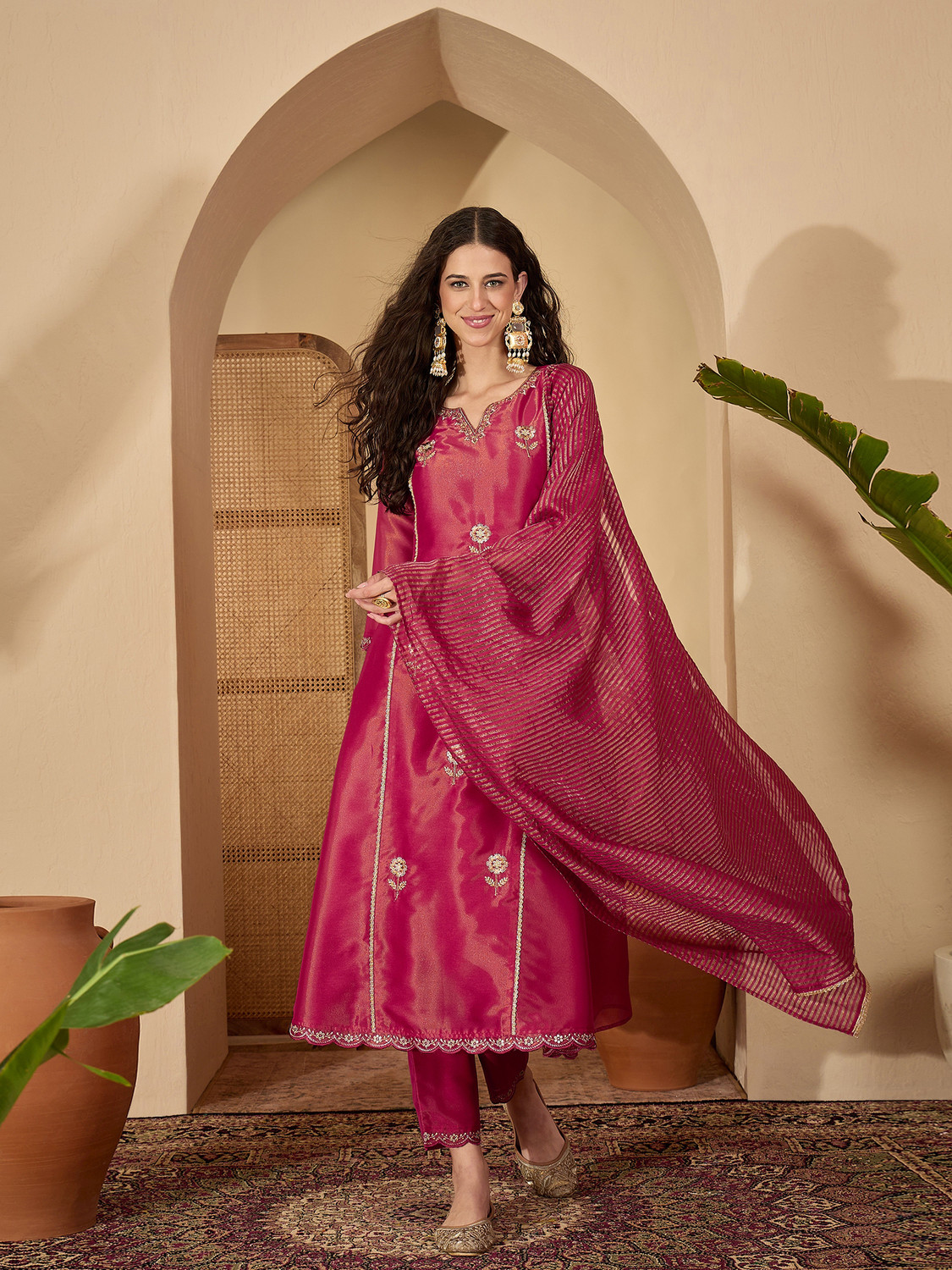 Image of Sangria Teal Silk Blend Zari Sequence Thread Kurta With Palazzo And Dupatta Embroidered, Embellished Kurta, Palazzo & Dupatta Set