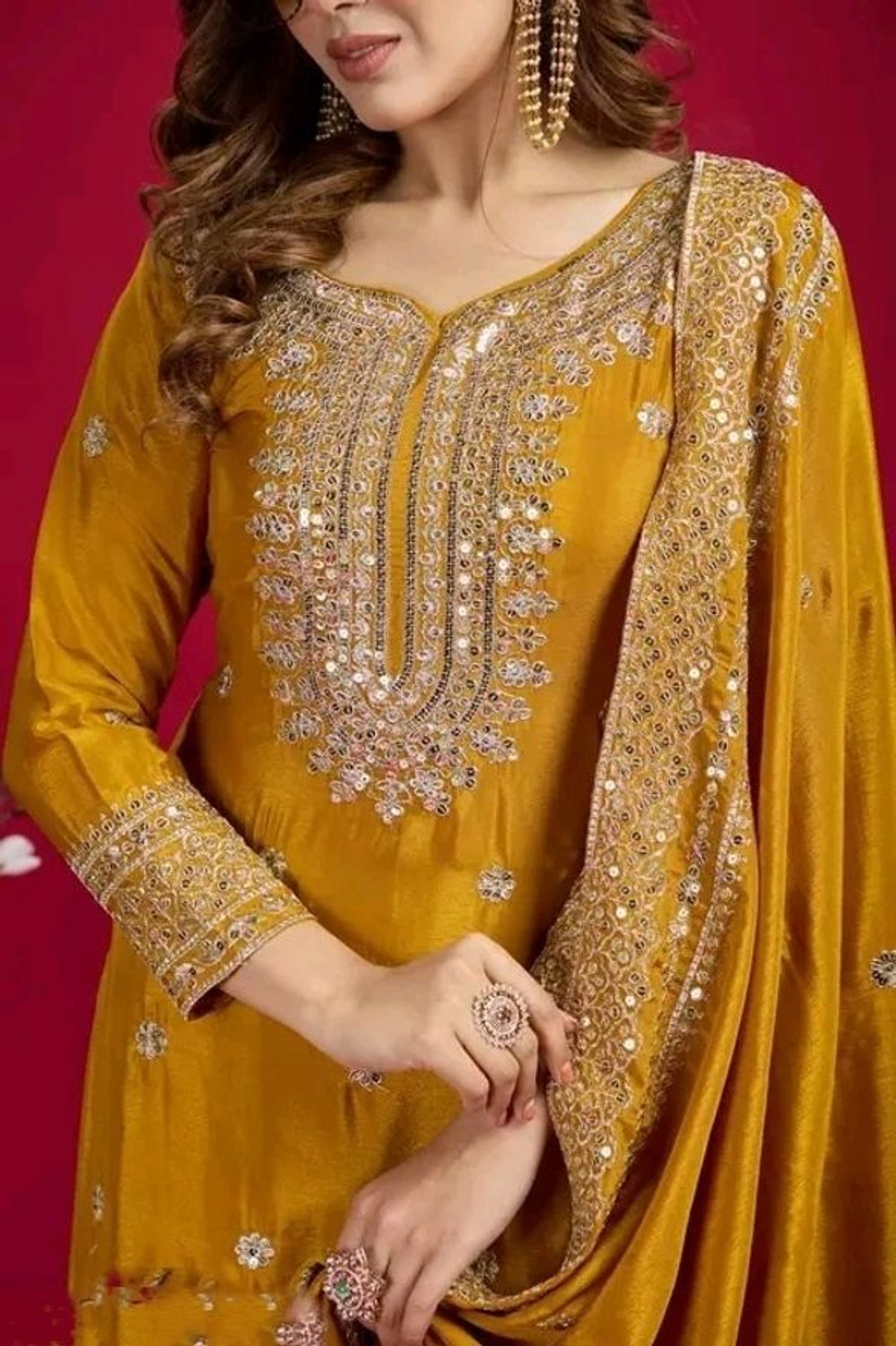 Image of ARVILAS Embroidered Kurta, Trouser /Pant & Dupatta Set