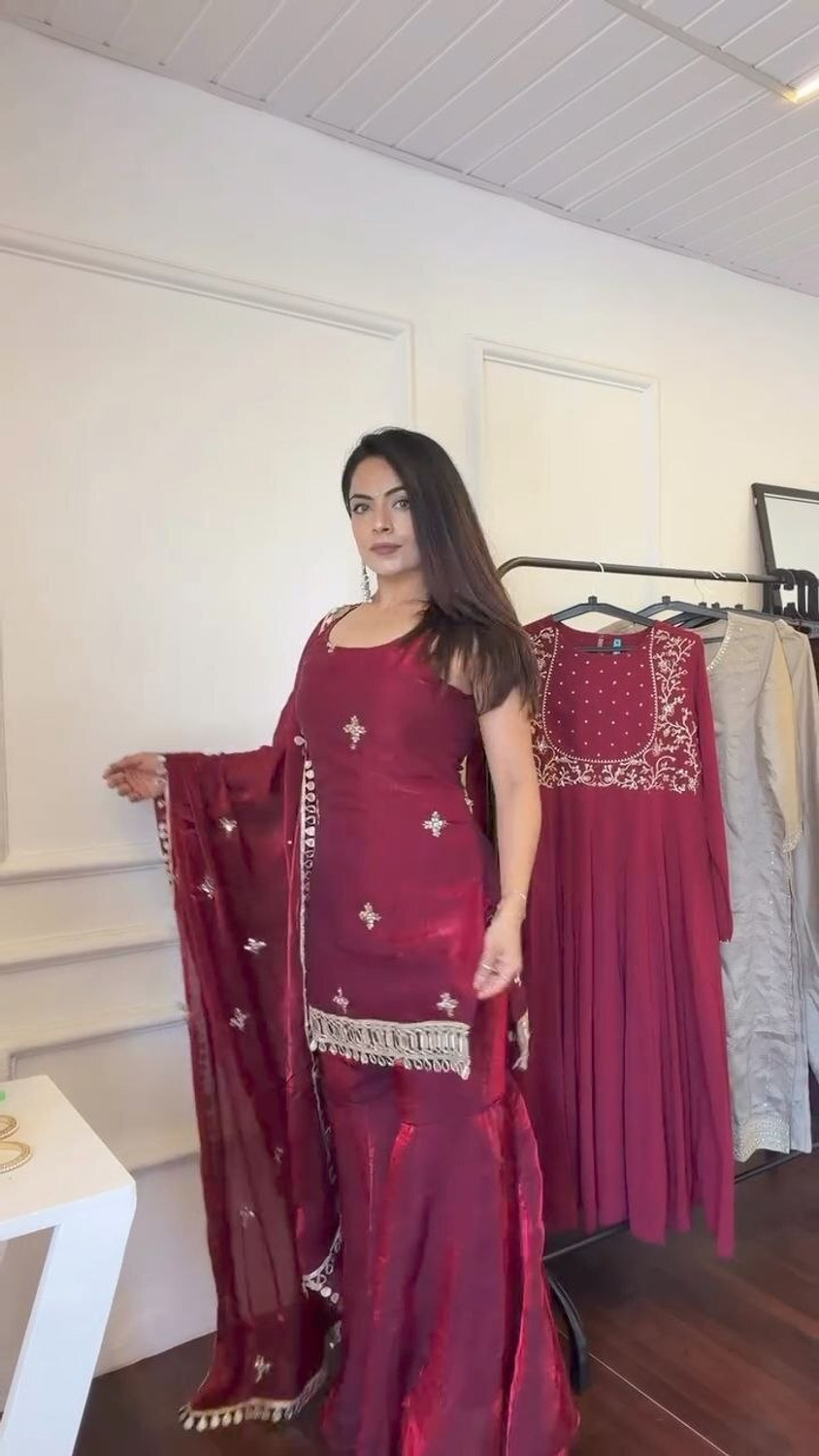 ANGELOUTLETS Embroidered Kurta, Sharara & Dupatta Set - Image 1