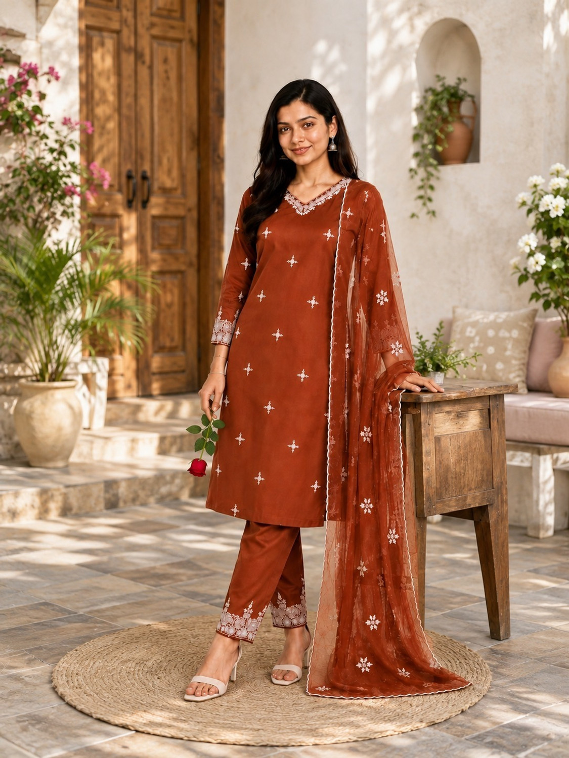 Image of NEW STYLISH Floral Print Kurta, Trouser /Pant & Dupatta Set