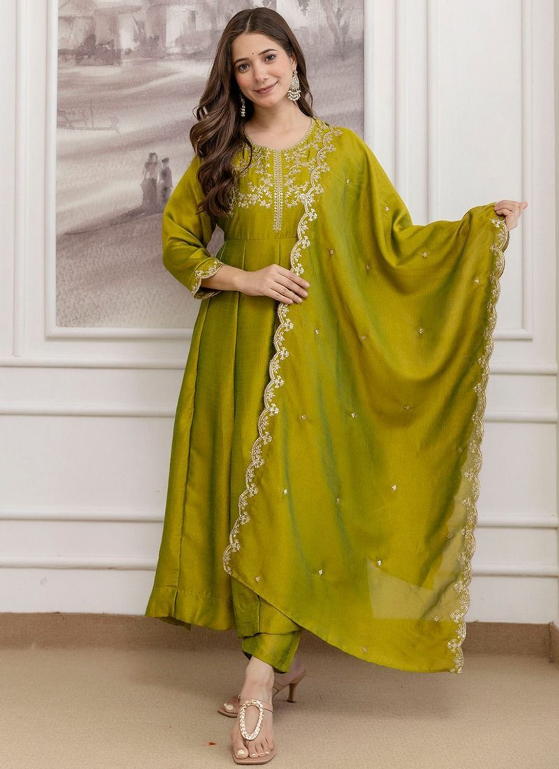 Image of Tasrika Printed Anarkali Kurta, Bottom & Dupatta Set