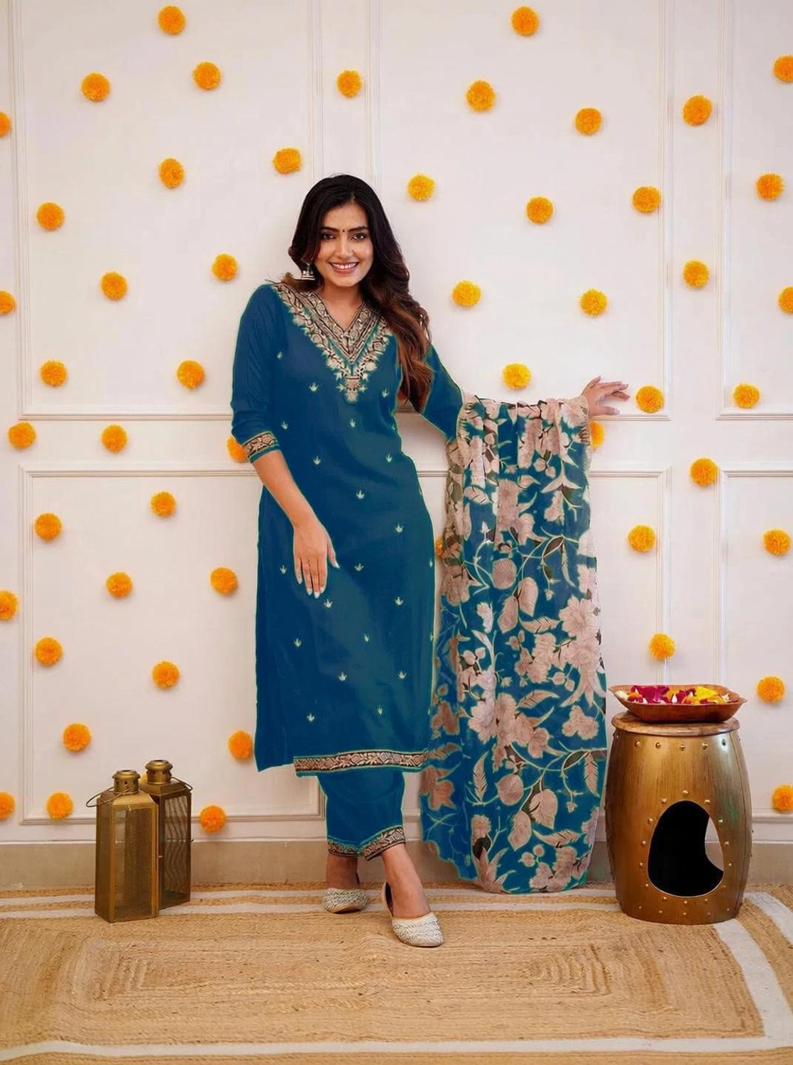 Image of PILUDI HOUSE Embroidered Kurta, Salwar & Dupatta Set